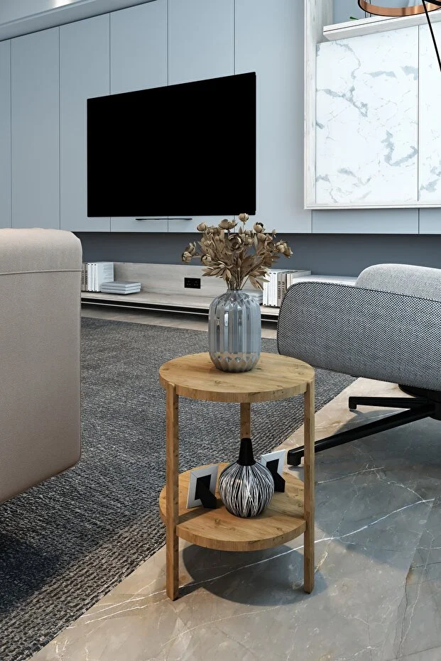 Miray Atlantik Çam 2 Katlı Yuvarlak Ahşap Çok Amaçlı Sehpa / Saksılık-Çiçeklik / Dekoratif Raf